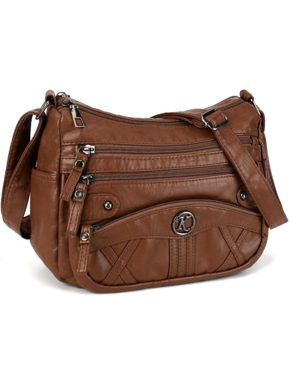 Stylish Soft Faux Leather Crossbody Bag with Multi Zipper Pockets & Wide Strap